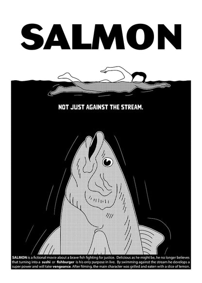 Black and white risograph art print by Studio Stoutpoep titled “Salmon”, parodying a movie poster with a fish seeking justice and a swimmer above – bold comic-style illustration, 50 x 70 cm.