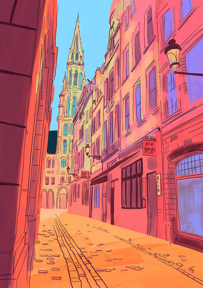 colorful Brussels street illustration with warm sunlight and historic buildings leading toward Grand Place vibrant European city wall art print