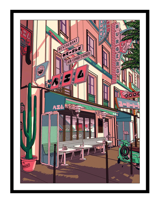 Sunset Coffee art print by Paiheme Studio showing a colorful retro city café street with neon signs, outdoor tables and scooter at sunset, urban lifestyle wall decor