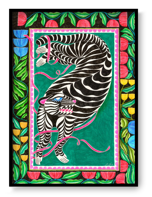 The Acrobate by Carla Petelski, colourful zebra-inspired surreal digital art print with botanical floral border and pink ribbons, contemporary wall art for eclectic interiors