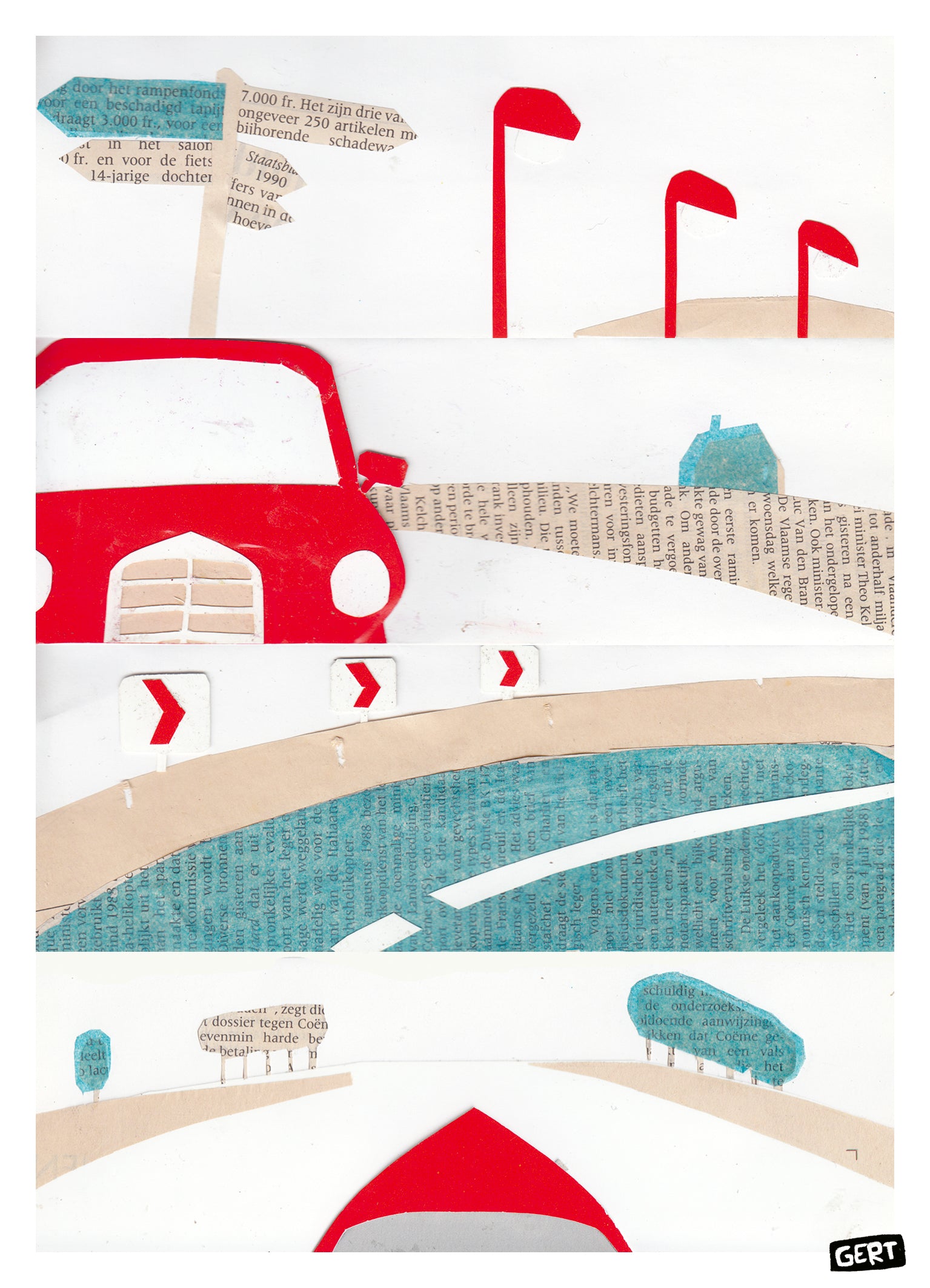 Travel by Gert Paenen digital art print featuring a stylized road journey with a red car, graphic signposts, curved roadway, and collage-inspired landscape elements. Contemporary travel wall art print for modern home decor and creative interiors.