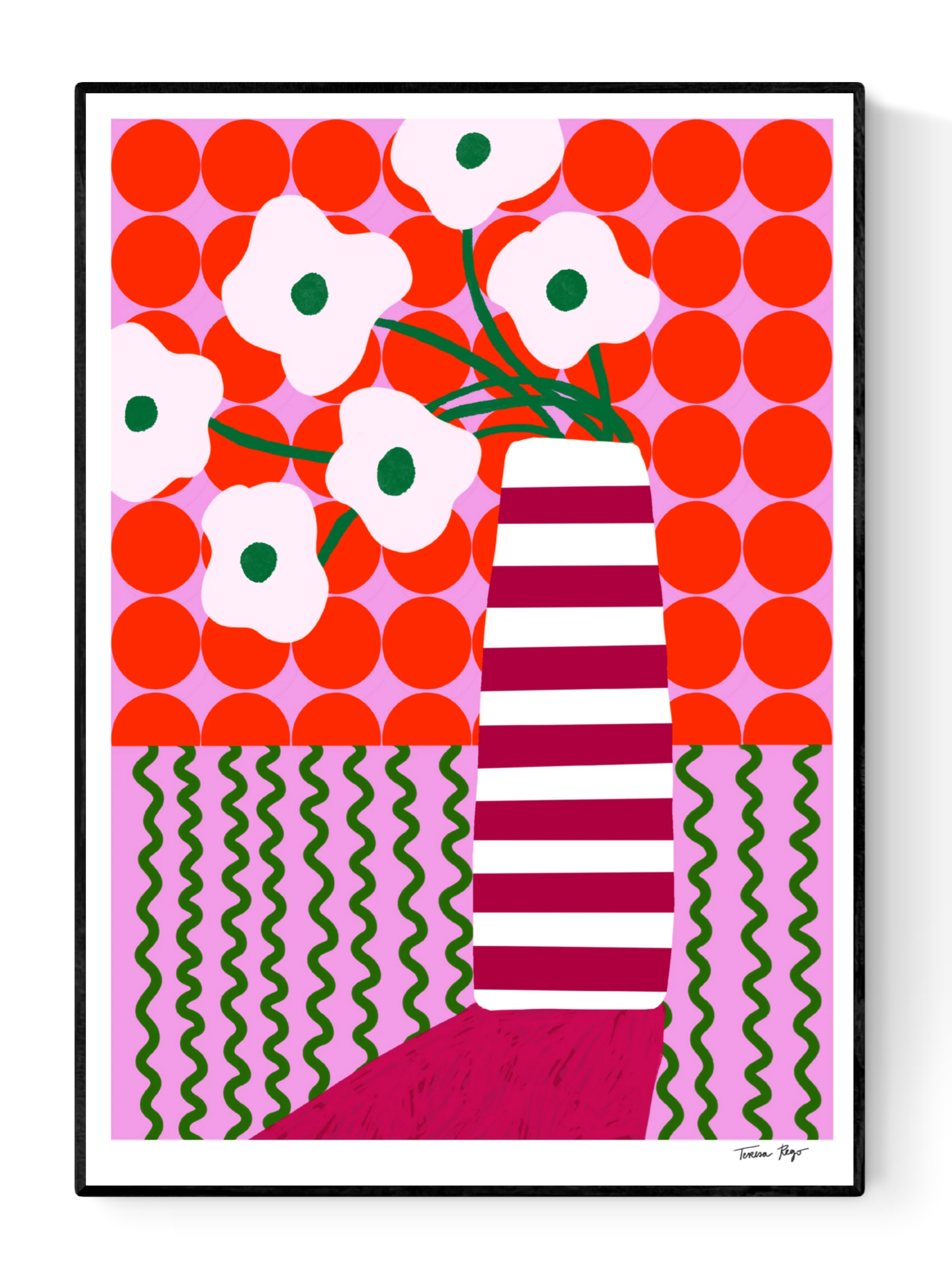 Colorful A4 Giclée print by Portuguese illustrator Teresa Rego – bold striped vase with playful white flowers, red, pink and green graphic patterns, printed on 315 gsm acid-free, 100% cotton fine art paper with pigment-based inks – vibrant botanical wall art for modern interiors.