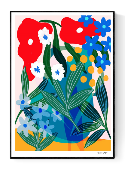 Vibrant floral art print featuring red, blue, white, and yellow flowers with green leaves in a playful modern arrangement – Petunia garden by Teresa Rego, A3 illustration made in Portugal.