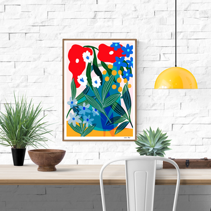 Vibrant floral art print featuring red, blue, white, and yellow flowers with green leaves in a playful modern arrangement – Petunia garden by Teresa Rego, A3 illustration made in Portugal.