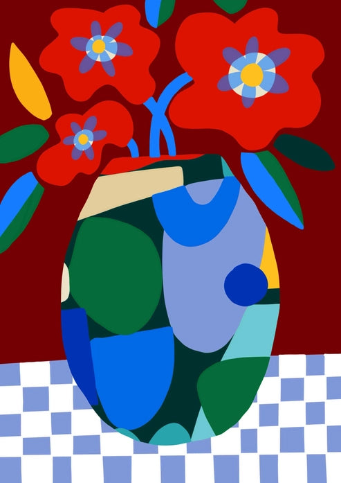 buy red flowers in a colorful vase artprint by Teresa Rego