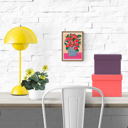 Colorful art print of red poppies in a striped vase by Teresa Rego – bold floral illustration with green leaves, purple accents and a pink checkered tablecloth, perfect for brightening up modern interiors
