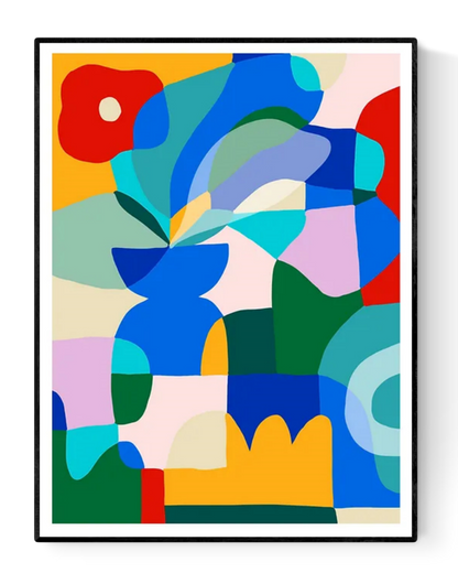 Colorful abstract artwork of a red poppy in a blue vase with bold geometric shapes – Red poppy on blue vase by Teresa Rego, A3 art print made in Portugal.