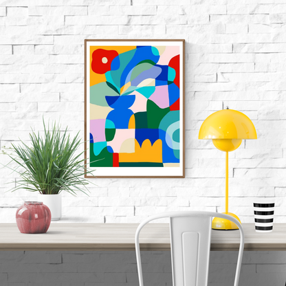 Colorful abstract artwork of a red poppy in a blue vase with bold geometric shapes – Red poppy on blue vase by Teresa Rego, A3 art print made in Portugal.