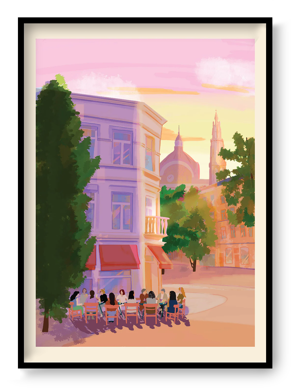 Antwerp café terrace illustration at sunset with people sitting outside a restaurant near historic buildings and cathedral tower, warm evening city scene art print