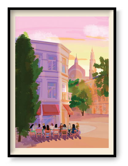 Antwerp café terrace illustration at sunset with people sitting outside a restaurant near historic buildings and cathedral tower, warm evening city scene art print