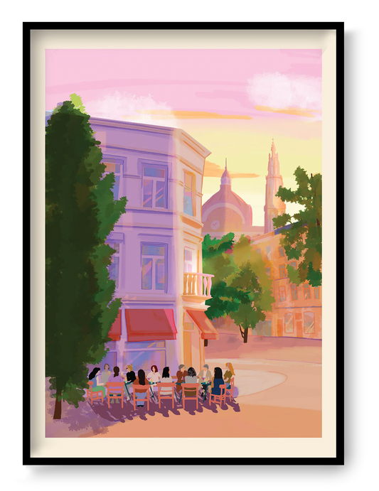 Antwerp café terrace illustration at sunset with people sitting outside a restaurant near historic buildings and cathedral tower, warm evening city scene art print