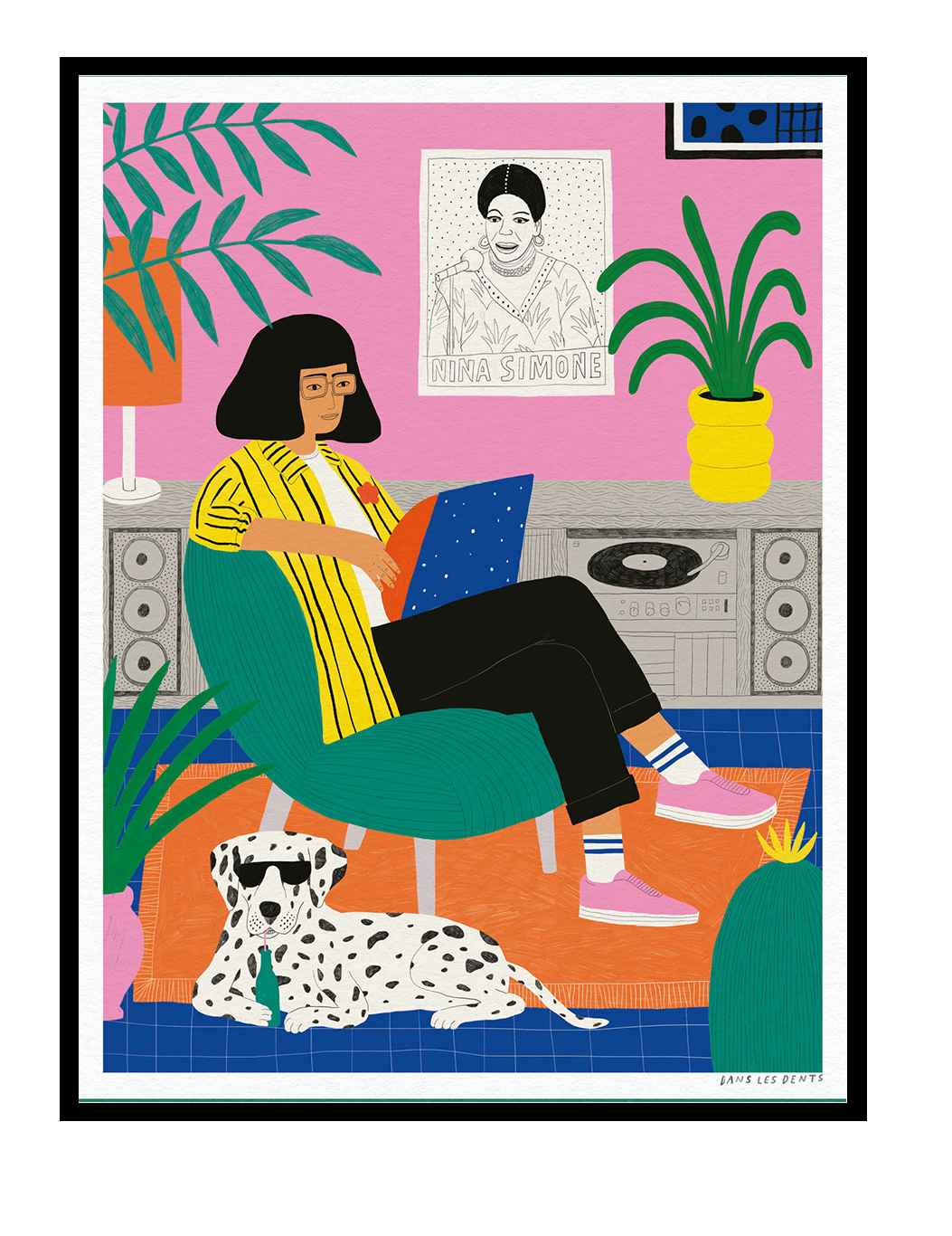 The Girl with the Vinyl by Dans les Dents, colourful 30 x 40 cm digital art print featuring a cozy music-inspired interior with a vinyl record and bold modern illustration style.