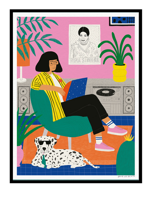The Girl with the Vinyl by Dans les Dents, colourful 30 x 40 cm digital art print featuring a cozy music-inspired interior with a vinyl record and bold modern illustration style.