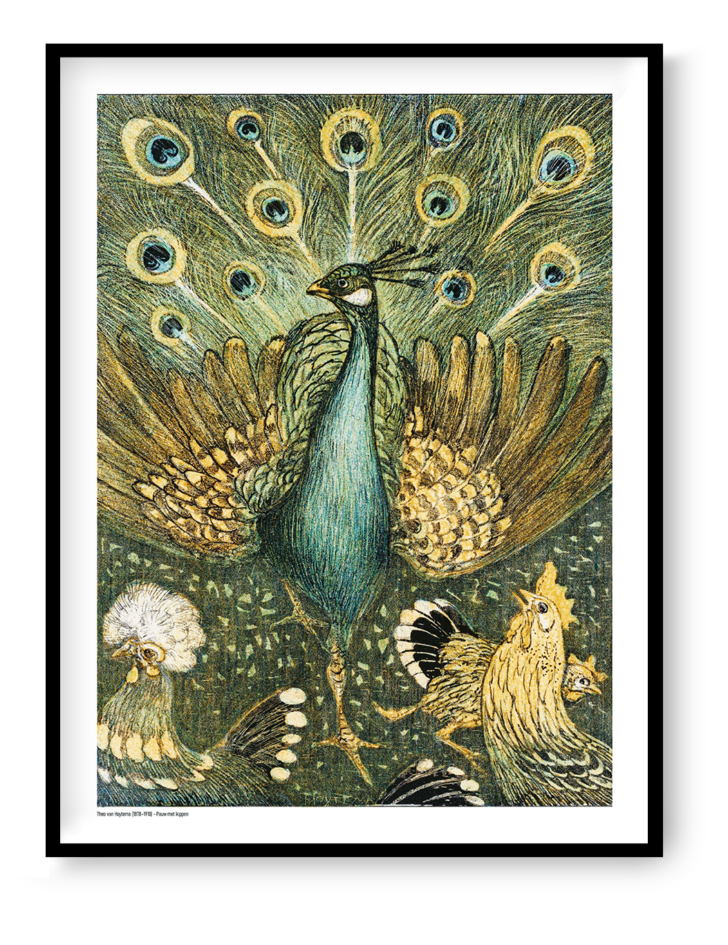Vertical decorative art print of a peacock surrounded by chickens, illustrated in rich green, turquoise, gold and black tones in Theo van Hoytema’s Art Nouveau style, ideal as distinctive living room wall art.