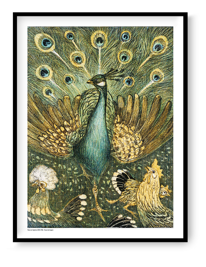 Vertical decorative art print of a peacock surrounded by chickens, illustrated in rich green, turquoise, gold and black tones in Theo van Hoytema’s Art Nouveau style, ideal as distinctive living room wall art.