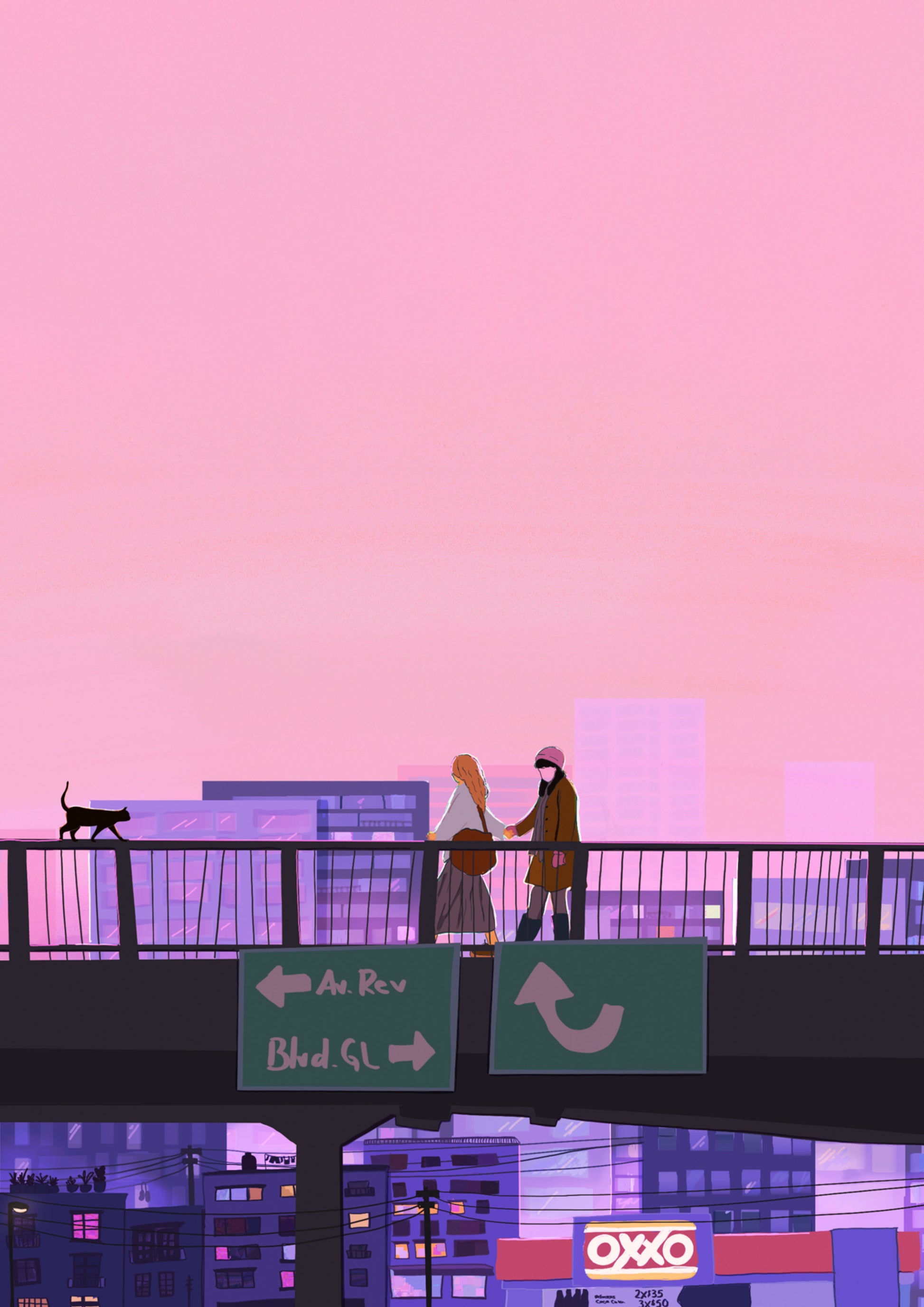 Colourful vertical giclée print of a couple holding hands on a Mexico City overpass at sunset, illustrated in pink and purple tones for romantic modern wall decor.