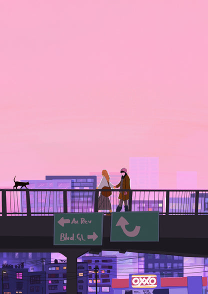 Colourful vertical giclée print of a couple holding hands on a Mexico City overpass at sunset, illustrated in pink and purple tones for romantic modern wall decor.