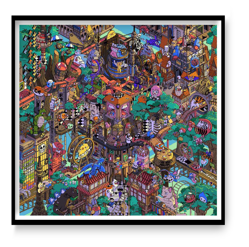 Colorful pop art illustration "Tokyo Parade" by Paiheme Studio, featuring a detailed city scene with 300 hidden Japanese cultural references including anime characters, food, and architecture, printed on 30x30 cm matte coated paper.