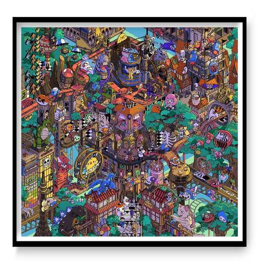 Colorful pop art illustration "Tokyo Parade" by Paiheme Studio, featuring a detailed city scene with 300 hidden Japanese cultural references including anime characters, food, and architecture, printed on 30x30 cm matte coated paper.