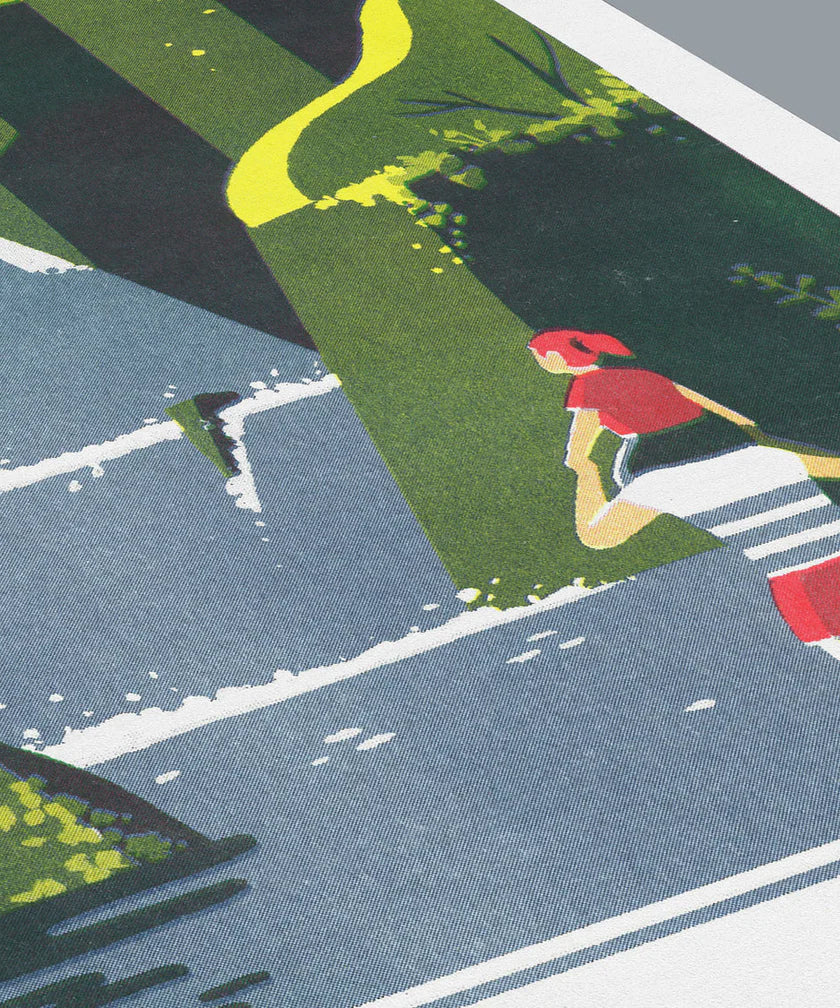 Risograph art print Cascade by Tom Haugomat showing children playing near a forest waterfall, surrounded by lush green trees and sunlight. Vibrant yellow and green tones, minimalist shapes, and nostalgic atmosphere — perfect nature wall art by the French illustrator, printed on Munken White Paper 150g.