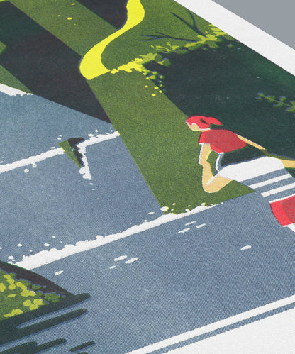 Risograph art print Cascade by Tom Haugomat showing children playing near a forest waterfall, surrounded by lush green trees and sunlight. Vibrant yellow and green tones, minimalist shapes, and nostalgic atmosphere — perfect nature wall art by the French illustrator, printed on Munken White Paper 150g.