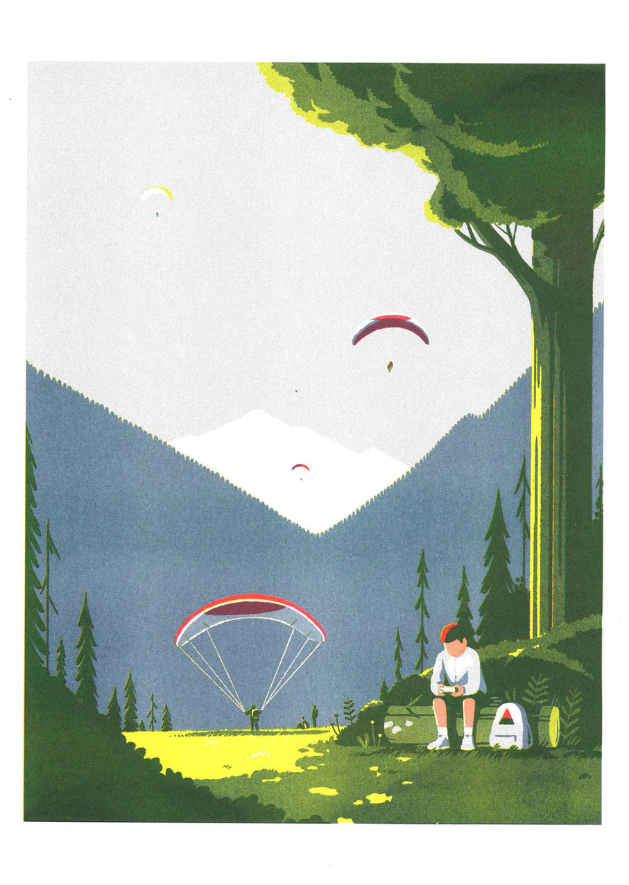 Risograph print Game Boy by Tom Haugomat — a boy playing his Game Boy in a sunny mountain valley while paragliders float in the sky, surrounded by pine trees and soft light. Minimalist French illustration blending nature, nostalgia, and modern design.