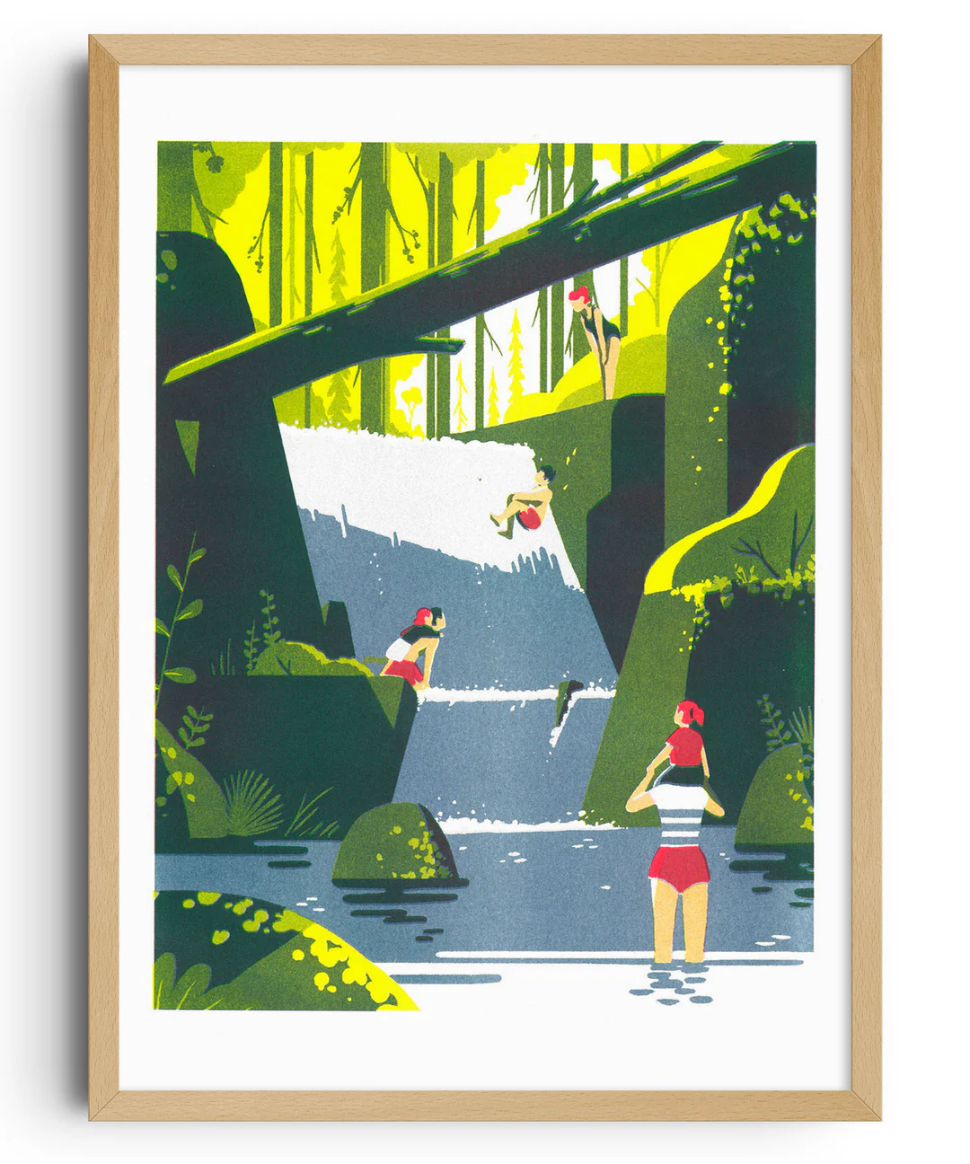 Risograph art print Cascade by Tom Haugomat showing children playing near a forest waterfall, surrounded by lush green trees and sunlight. Vibrant yellow and green tones, minimalist shapes, and nostalgic atmosphere — perfect nature wall art by the French illustrator, printed on Munken White Paper 150g.