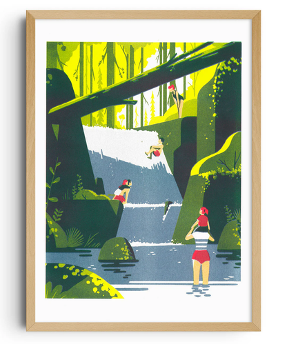 Risograph art print Cascade by Tom Haugomat showing children playing near a forest waterfall, surrounded by lush green trees and sunlight. Vibrant yellow and green tones, minimalist shapes, and nostalgic atmosphere — perfect nature wall art by the French illustrator, printed on Munken White Paper 150g.
