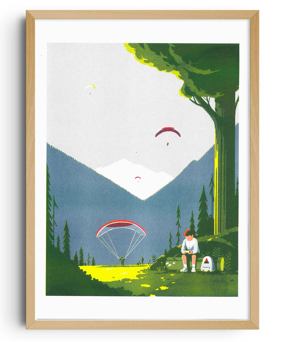 Risograph print Game Boy by Tom Haugomat — a boy playing his Game Boy in a sunny mountain valley while paragliders float in the sky, surrounded by pine trees and soft light. Minimalist French illustration blending nature, nostalgia, and modern design.