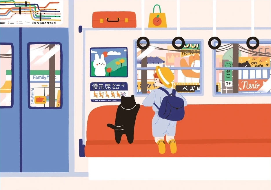 Travel by Train by Niniwanted, colorful A4 digital art print showing a black cat and a child on a Japanese train, with orange seats, blue doors and playful kawaii details. Vertical wall art illustration.
