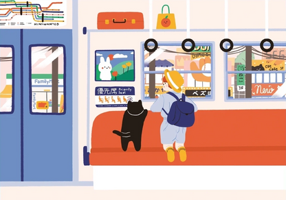 Travel by Train by Niniwanted, colorful A4 digital art print showing a black cat and a child on a Japanese train, with orange seats, blue doors and playful kawaii details. Vertical wall art illustration.