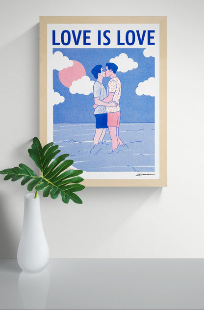 Romantic risograph print of two men kissing in the ocean under a pink sun with the text “Love is Love” – LGBTQ+ art by Studio Stoutpoep, A3 size