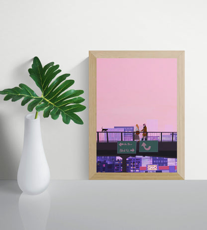 Colourful vertical giclée print of a couple holding hands on a Mexico City overpass at sunset, illustrated in pink and purple tones for romantic modern wall decor.