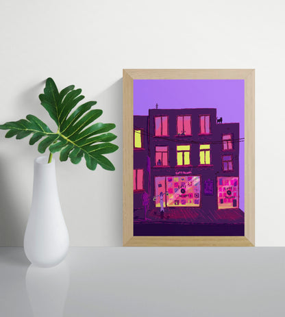 Colourful vertical giclée print of a neon-lit record shop at night, illustrated in purple, pink and yellow tones as bold contemporary wall art for modern interiors.