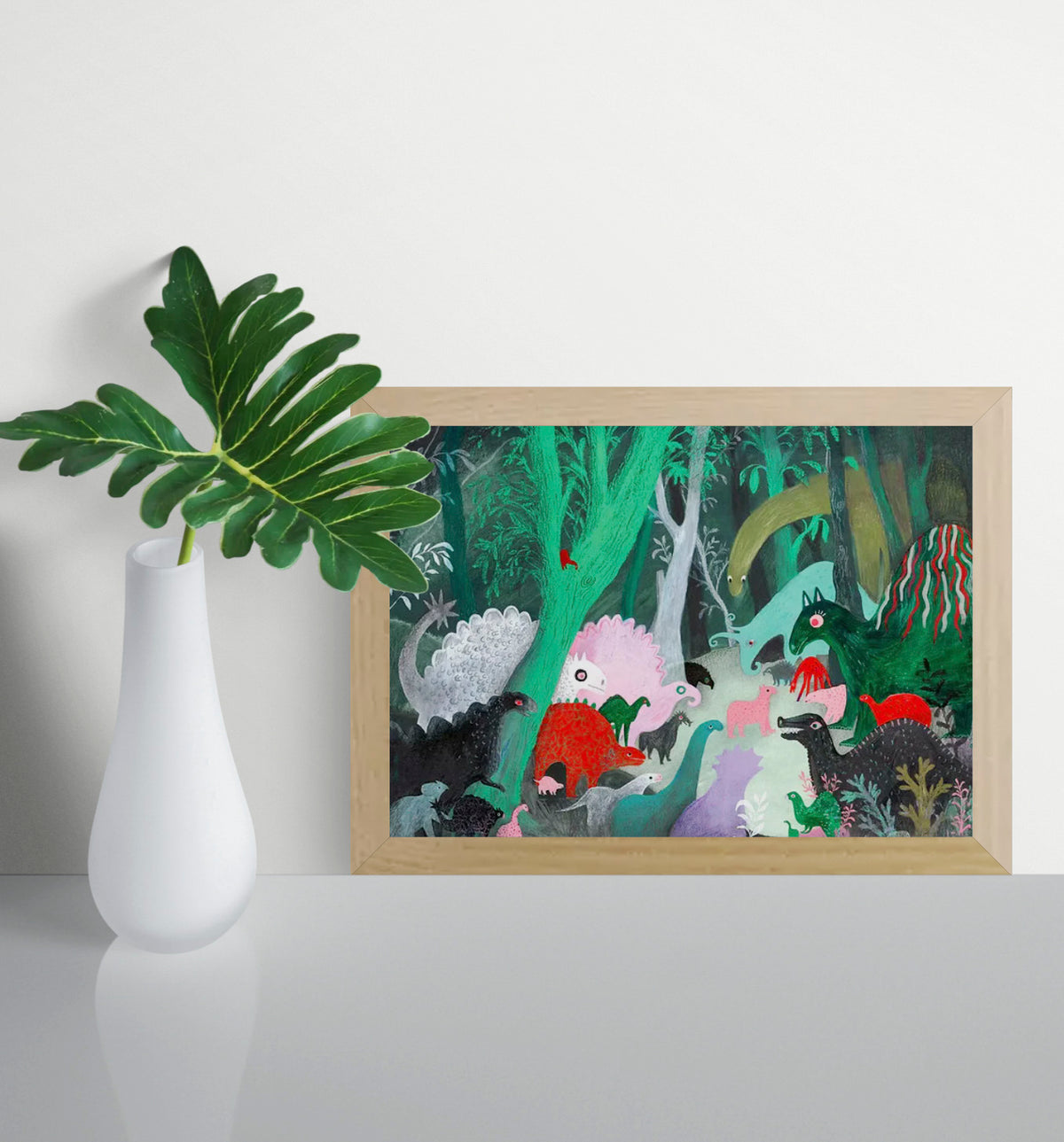 Whimsical dinosaur illustration art print by Louise de Meester showing colorful prehistoric animals in a dense jungle landscape with textured painterly style.