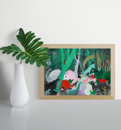 Whimsical dinosaur illustration art print by Louise de Meester showing colorful prehistoric animals in a dense jungle landscape with textured painterly style.