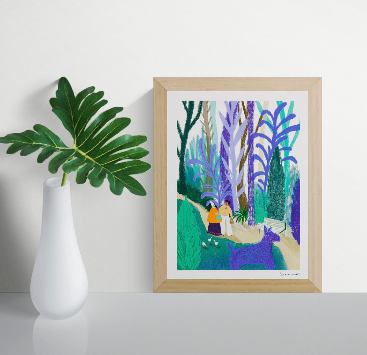 Digital art print "Blauwe Wandeling" by Louise de Meester, featuring two people walking in a lush, colorful park with large blue plants and a playful blue dog. Ideal for whimsical and nature-inspired home decor.
