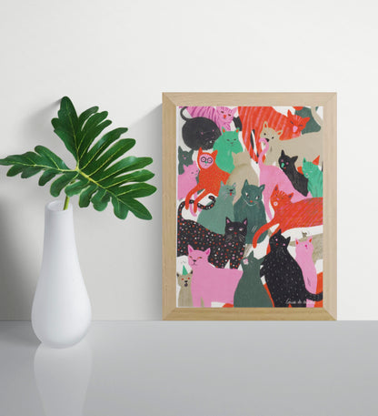 Katten art print by Louise de Meester, colorful cat illustration 17.5x24 cm featuring playful pink, green and black cats in a bold contemporary style.