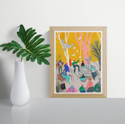 Colorful urban illustration art print by Louise de Meester showing pigeons flying around a city fountain with playful characters and vibrant orange sky.