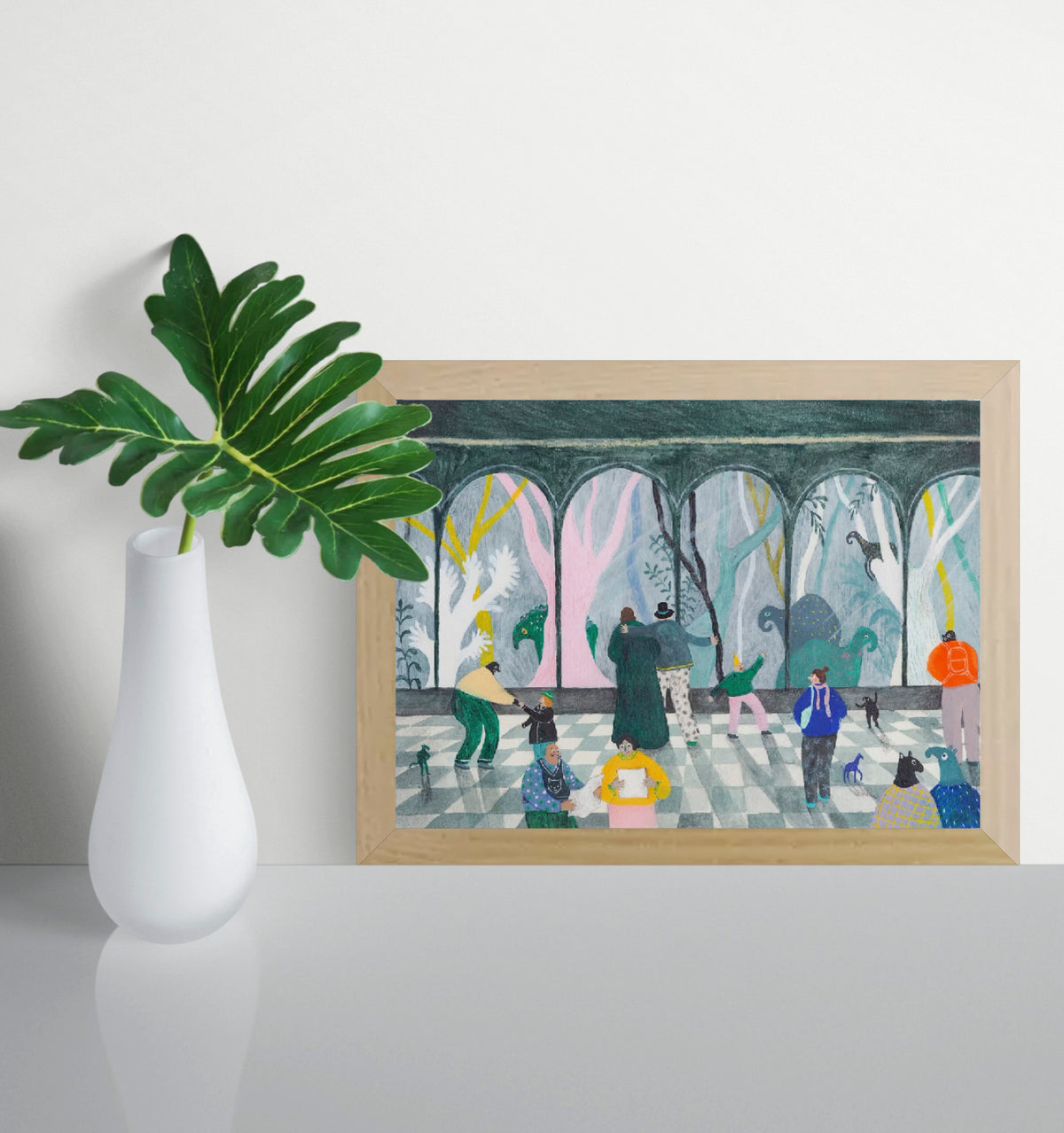 A4 art print “De bewonering” by Louise de Meester, whimsical narrative illustration with humans and animals, surreal wall art for imaginative interiors.