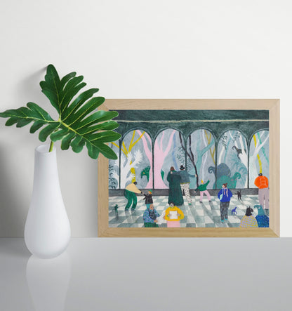 A4 art print “De bewonering” by Louise de Meester, whimsical narrative illustration with humans and animals, surreal wall art for imaginative interiors.