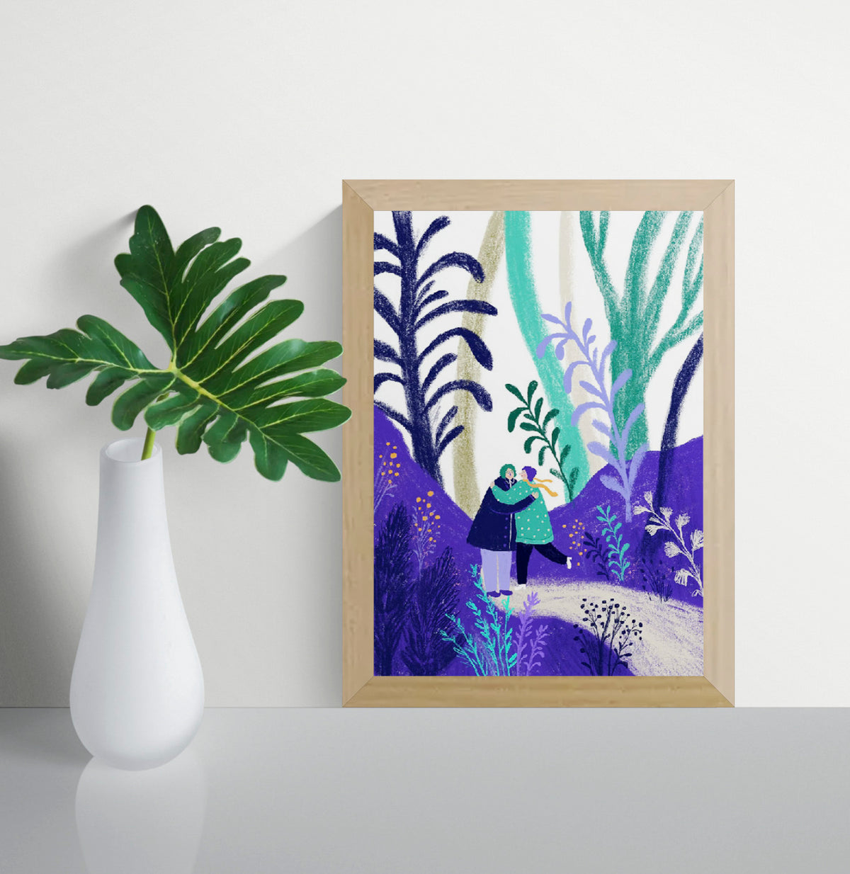 Colourful digital art print by Belgian illustrator Louise de Meester, featuring two people hugging in a dreamy, lush forest setting with purple and green foliage – 21x29.7 cm, perfect for adding warmth and love to your home.