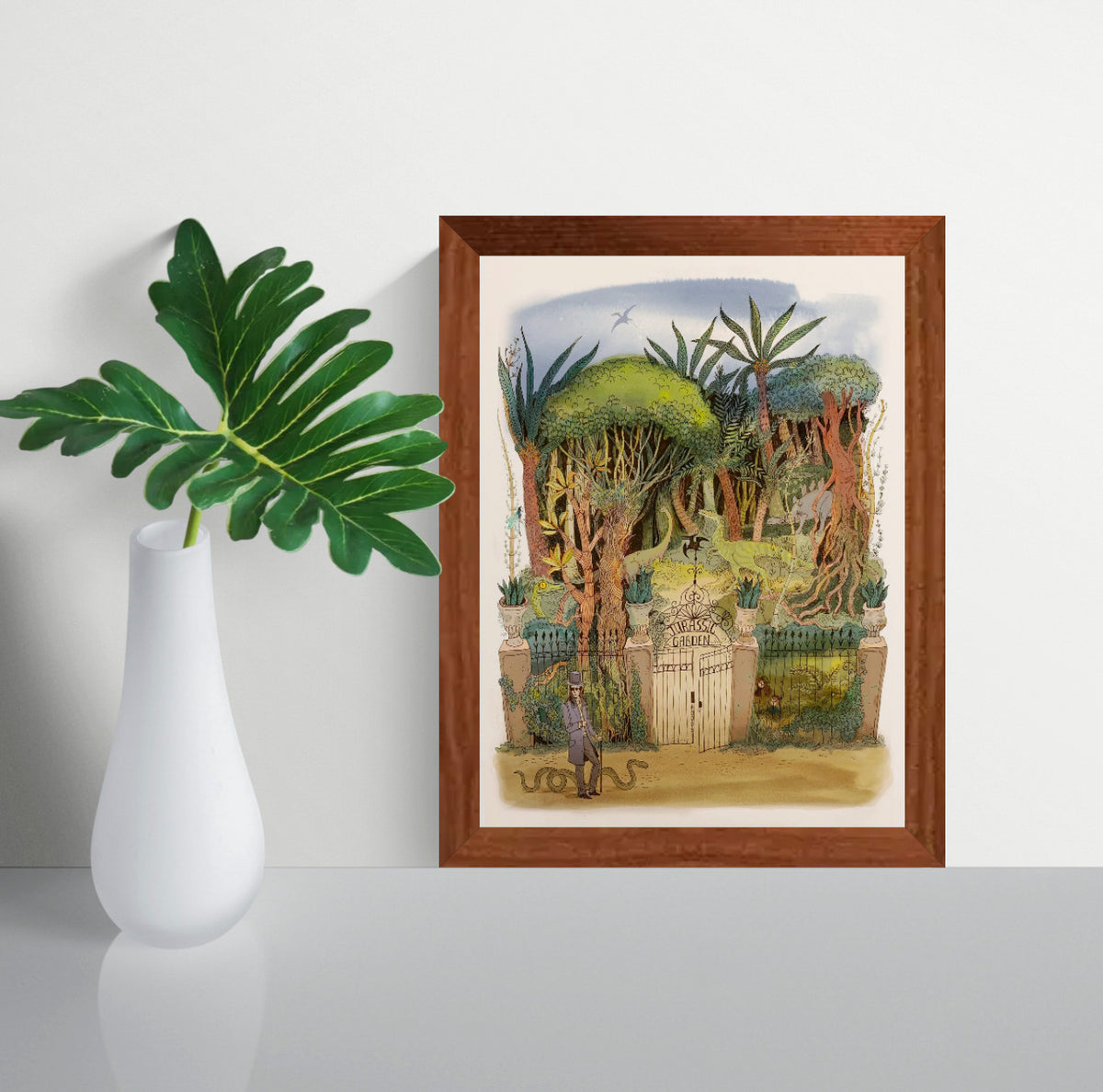 Detailed fantasy jungle illustration featuring dinosaurs hidden among lush trees and tropical plants behind an ornate Jurassic Garden gate, created in a whimsical storybook style with soft green and earthy tones. Vertical giclée wall art for nature-inspired home decor.