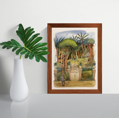 Detailed fantasy jungle illustration featuring dinosaurs hidden among lush trees and tropical plants behind an ornate Jurassic Garden gate, created in a whimsical storybook style with soft green and earthy tones. Vertical giclée wall art for nature-inspired home decor.