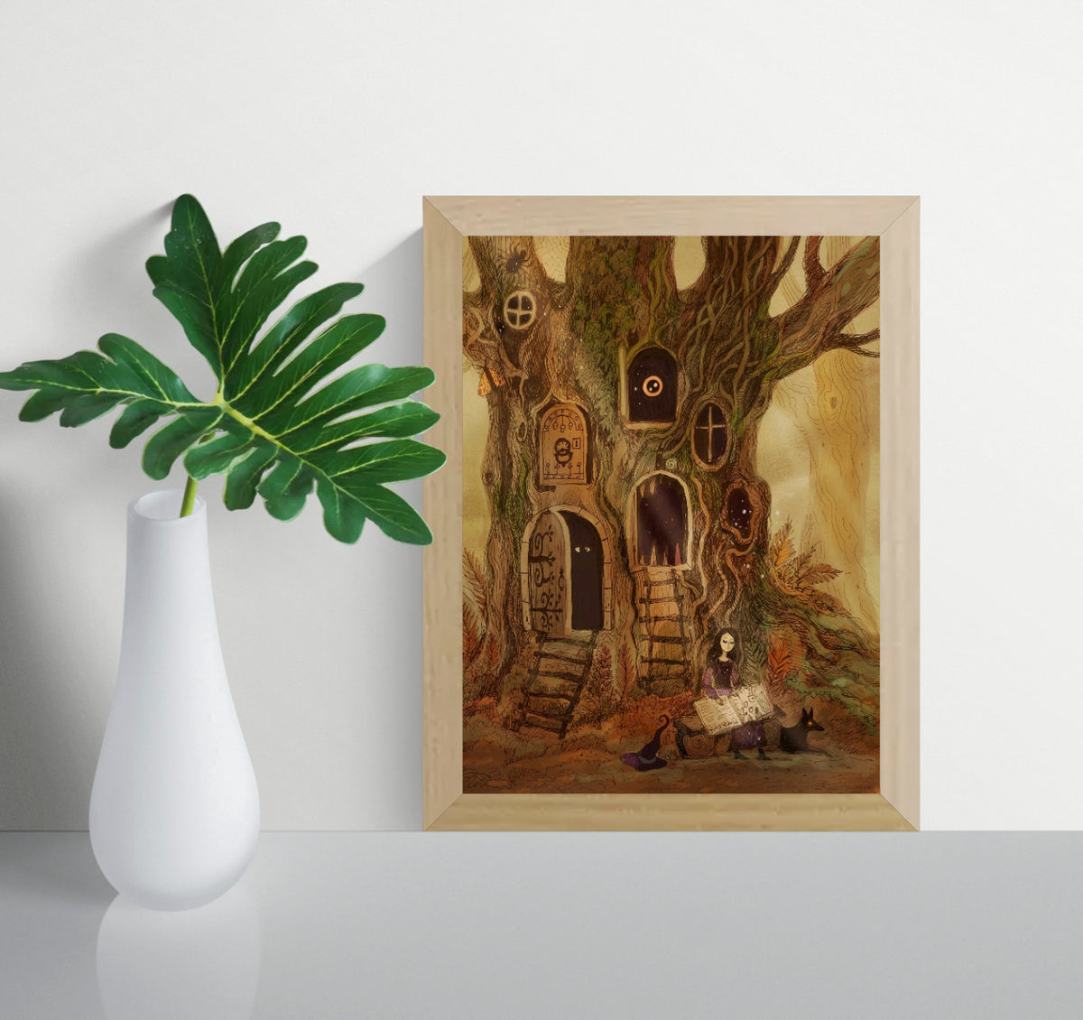 Whimsical fantasy treehouse illustration by Lena Yampolski featuring magical doors, hidden windows, a young witch reading beside a black fox, and enchanted forest details in warm earthy tones. Vertical giclée wall art for cozy home decor.