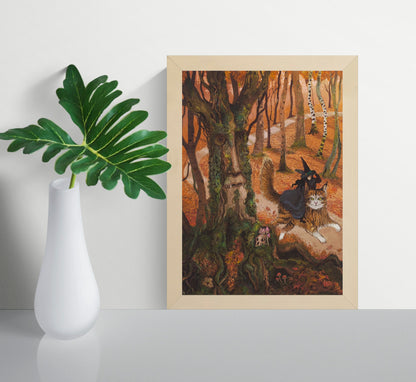 Whimsical autumn forest illustration featuring a witch riding a giant cat beside an ancient tree spirit with a human face, detailed fantasy artwork in warm orange, green, and brown tones, vertical giclée wall art for cosy home decor.