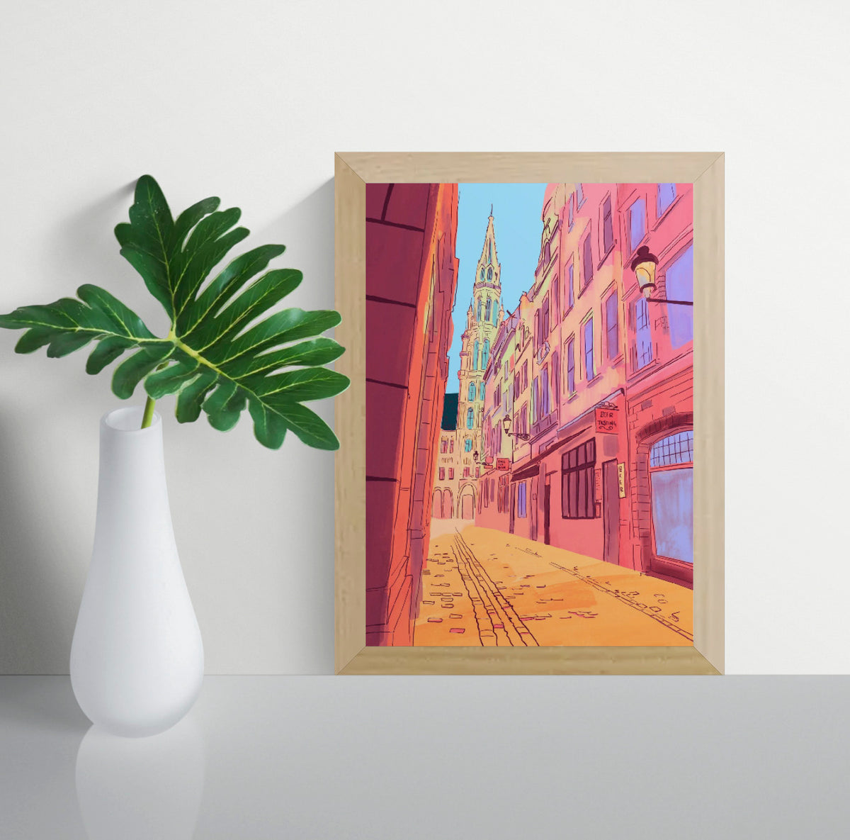 colorful Brussels street illustration with warm sunlight and historic buildings leading toward Grand Place vibrant European city wall art print