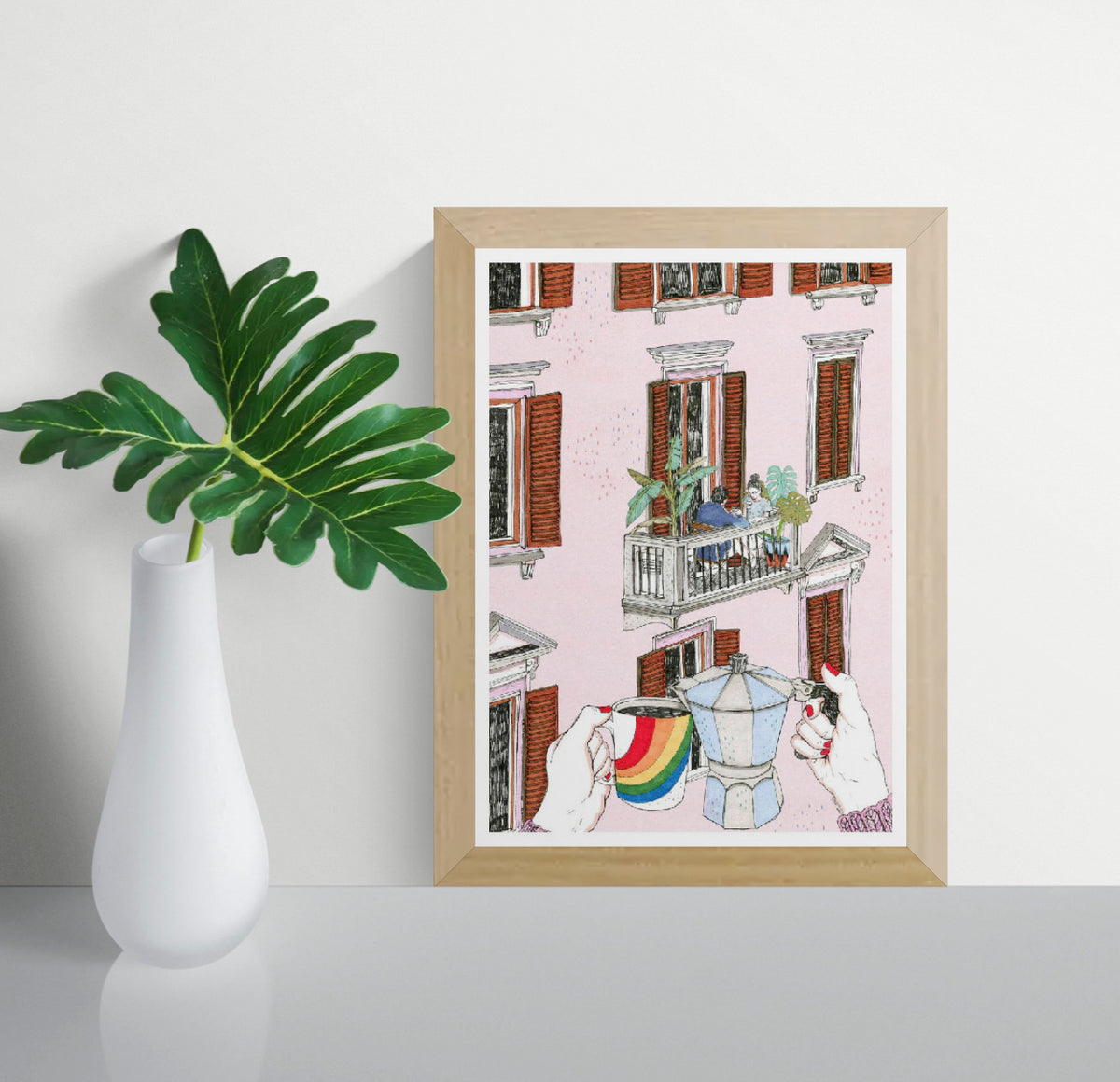Illustration of a hand holding a rainbow mug and coffee pot with a couple on a balcony in the background – Rainbow by Ana Jarén, A4 art print made in Spain.