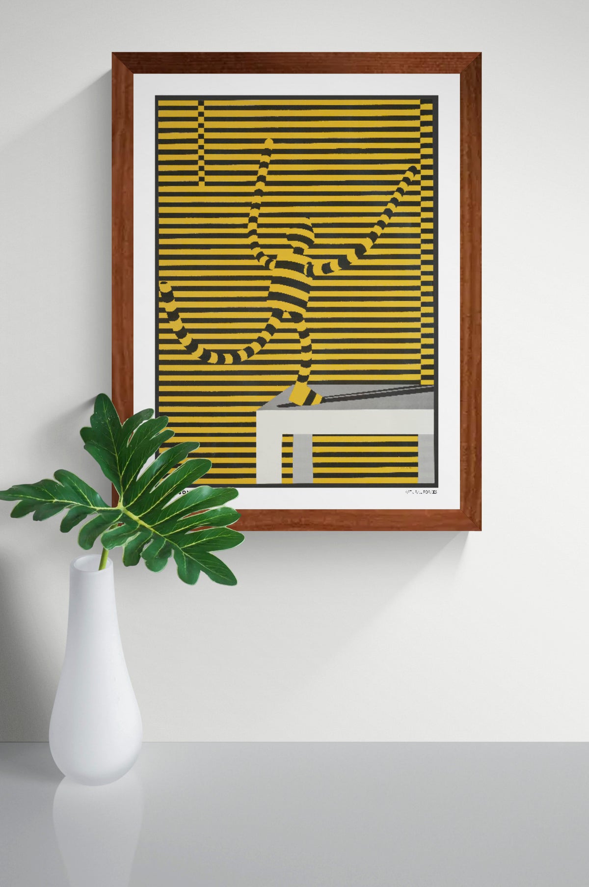Natural Forces by Lanny Sommese, vertical optical art poster featuring a dynamic striped figure in yellow and black against horizontal lines, with a grey geometric platform. Bold graphic wall art for modern interiors.