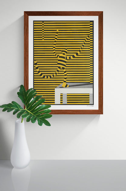 Natural Forces by Lanny Sommese, vertical optical art poster featuring a dynamic striped figure in yellow and black against horizontal lines, with a grey geometric platform. Bold graphic wall art for modern interiors.